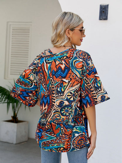 T-Shirts - Oblique Shoulder Print Bands Bandage Loose T-Shirt - MsDressly