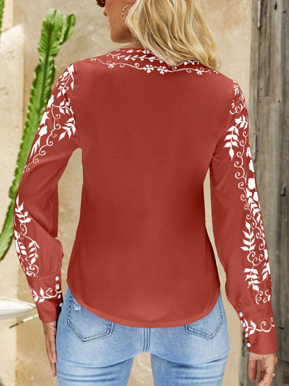 Blouses - Stylish Button Print Casual Comfortable V Neck Blouse - MsDressly