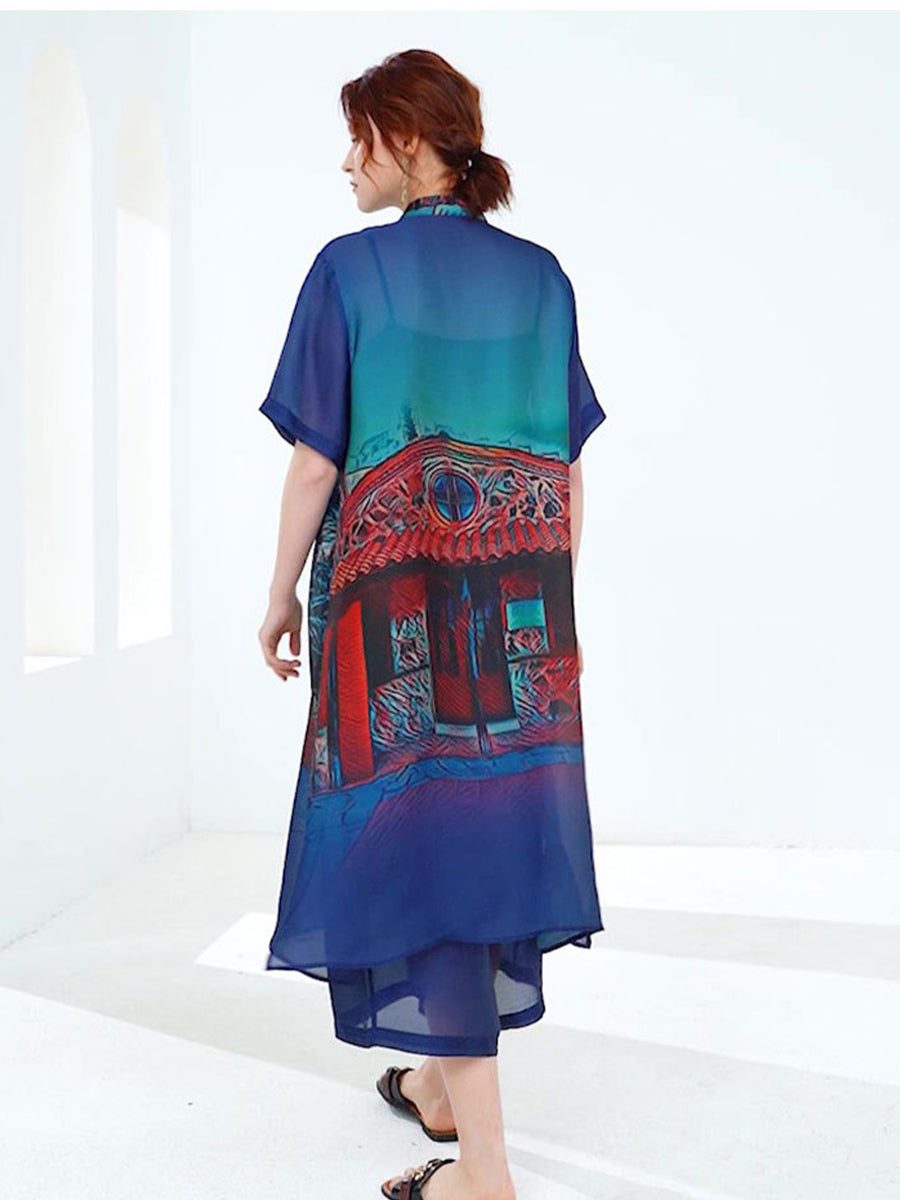 Plus Sets - Size Curve Sets Plus Size Casual Round Neck Printed Button Chiffon Two Piece Set - MsDressly