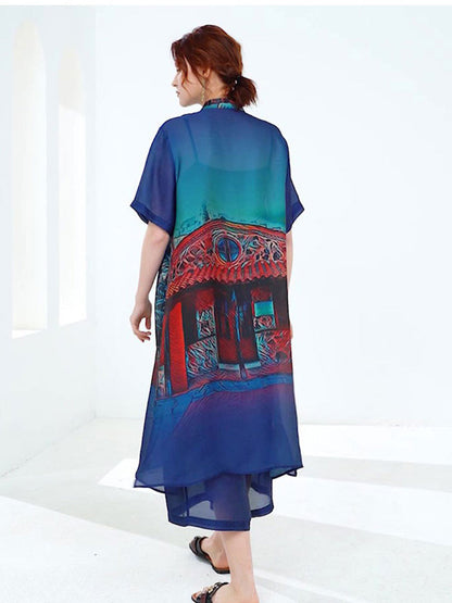 Plus Sets - Size Curve Sets Plus Size Casual Round Neck Printed Button Chiffon Two Piece Set - MsDressly