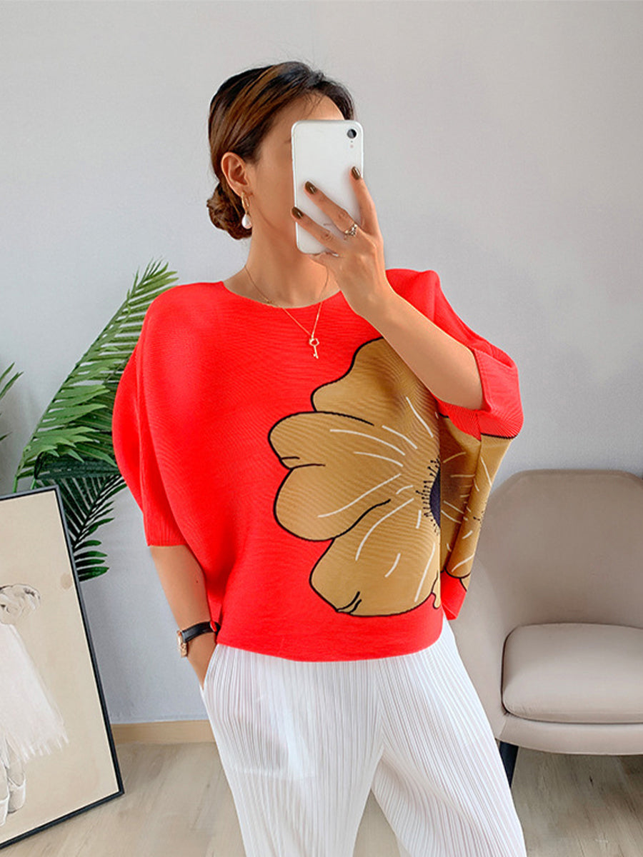 T-Shirts - Printing Pleated Loose Fashion T-Shirt - MsDressly