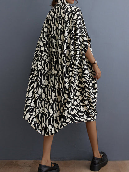 Midi Dresses - Literary Retro Floral Loose Lapel Temperament Midi Dress - MsDressly