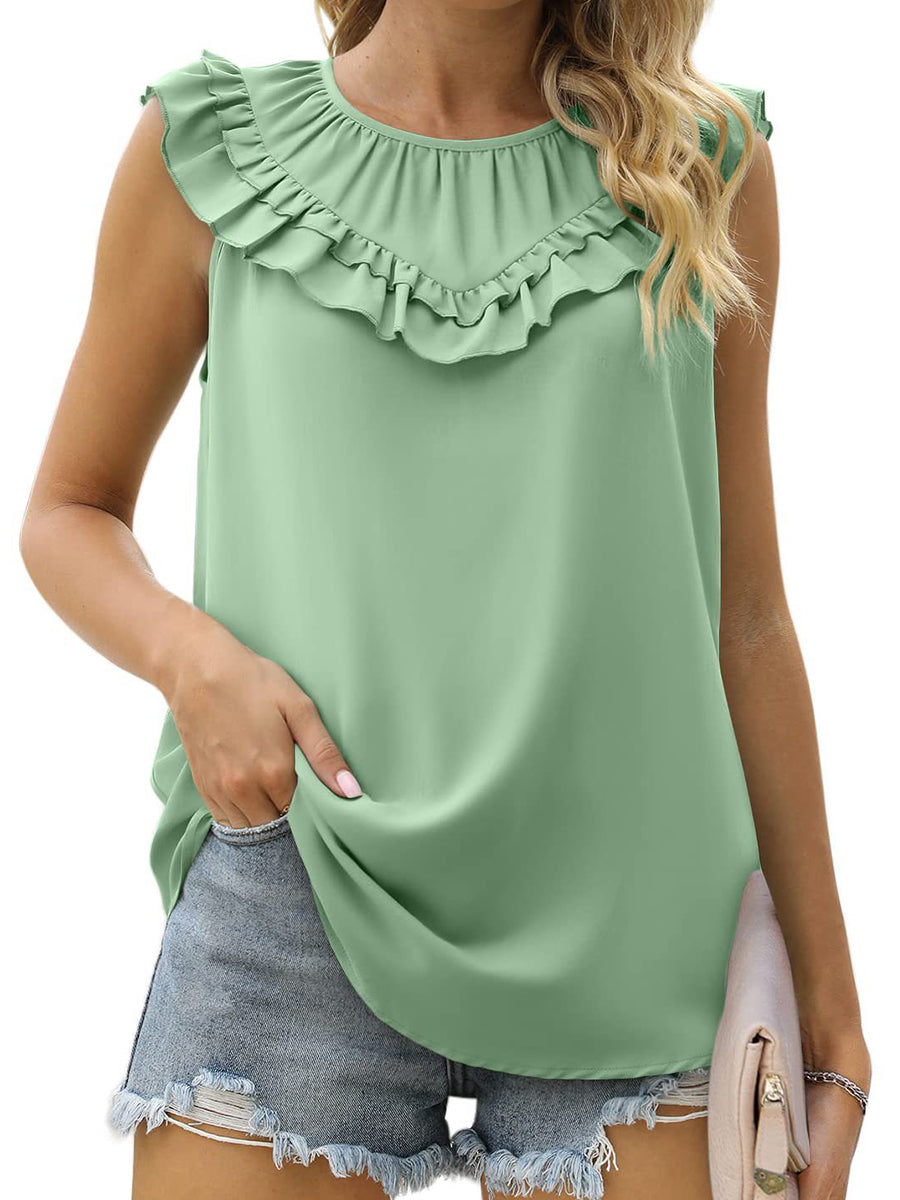 Tops Pleated Chiffon Solid Sleeveless Tank Top