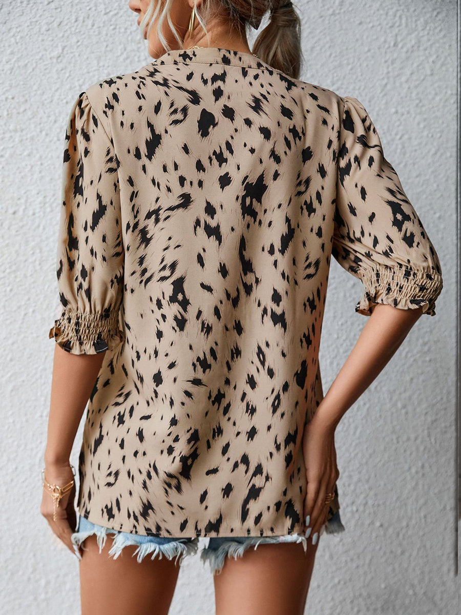Blouses - Print Loose Ruffle Sleeve Round Neck Blouse - MsDressly