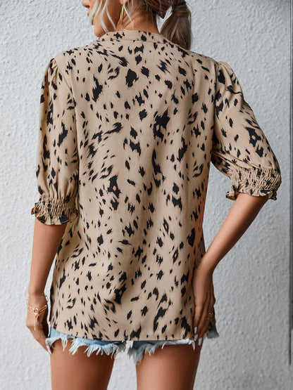 Blouses - Print Loose Ruffle Sleeve Round Neck Blouse - MsDressly