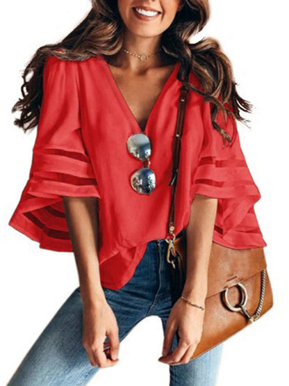 Blouses - V-Neck Mesh Flare Sleeve Chiffon Loose Blouse - MsDressly