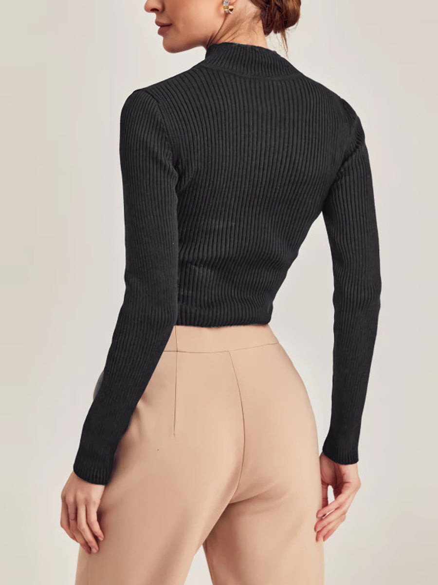 T-Shirts - Stylish And Alluring Sexy Rib Cross Knitwear Long Sleeve T-Shirt - MsDressly