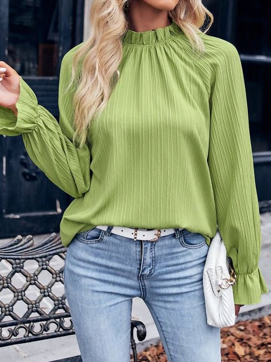 Comfortable Casual Striped Lotus Leaf Collar Long Sleeved Blouse