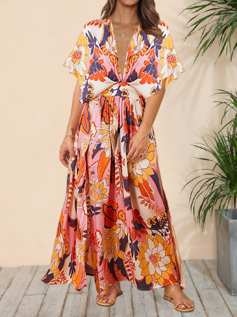 Maxi Dresses - Floral Deep V Dolman Sleeve Split Maxi Dress - MsDressly