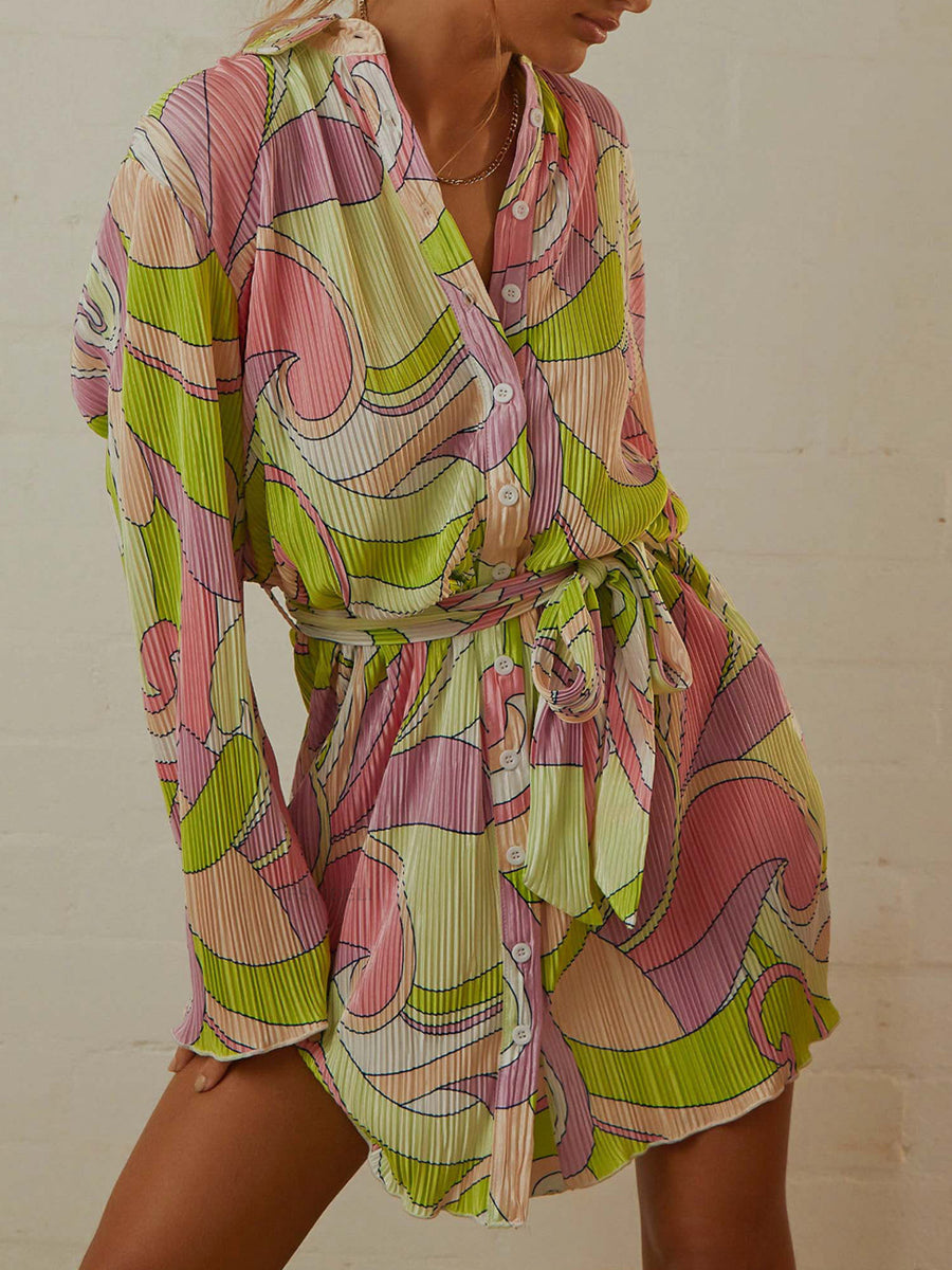 Mini Dresses - Floral Print Tie Lapel Single-Breasted Long-Sleeved Mini Dress - MsDressly