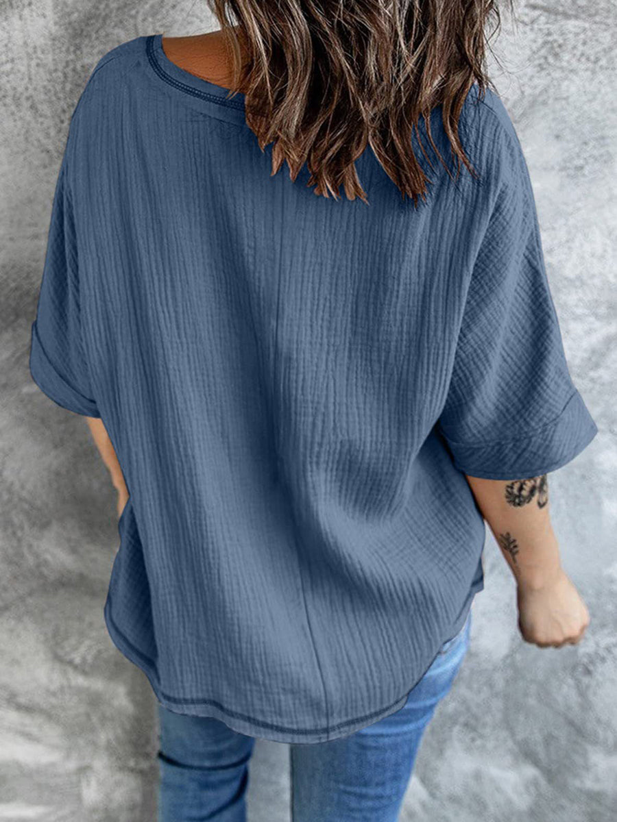 T-Shirts - Fashion Solid Color V Neck Mid Sleeve T-Shirt - MsDressly