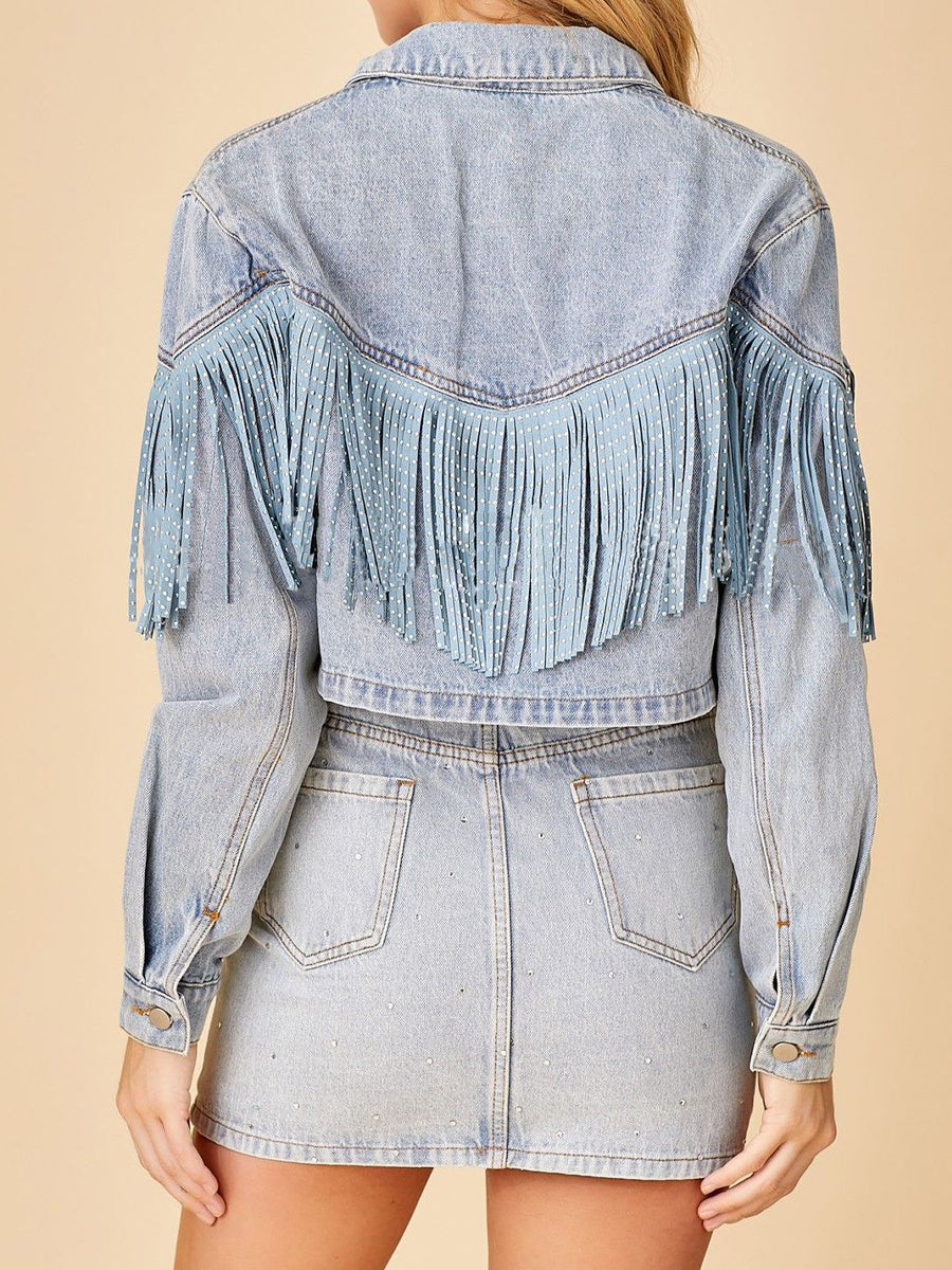 Coats - Stylish Lapel Fringed Cropped Denim Coat - MsDressly