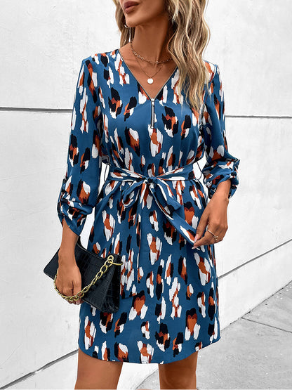 Mini Dresses - Spring And Autumn Long Sleeve V Neck Zip Neck Mini Dress - MsDressly