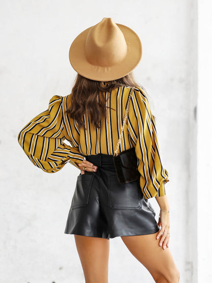 Blouses - Striped Long Sleeve Loose Comfortable Casual Blouse - MsDressly