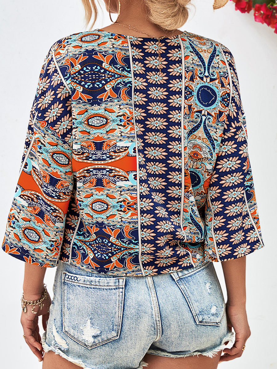 Blouses - Tie Hem V-Neck Three-Quarter Sleeve Blouse - MsDressly