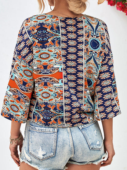 Blouses - Tie Hem V-Neck Three-Quarter Sleeve Blouse - MsDressly