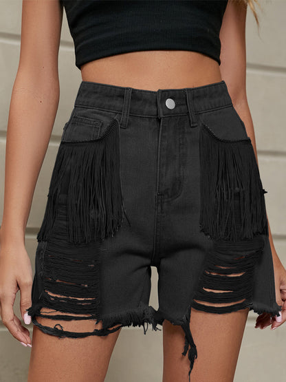 Shorts - Fringe Trim Distressed Denim Pockets Shorts - MsDressly