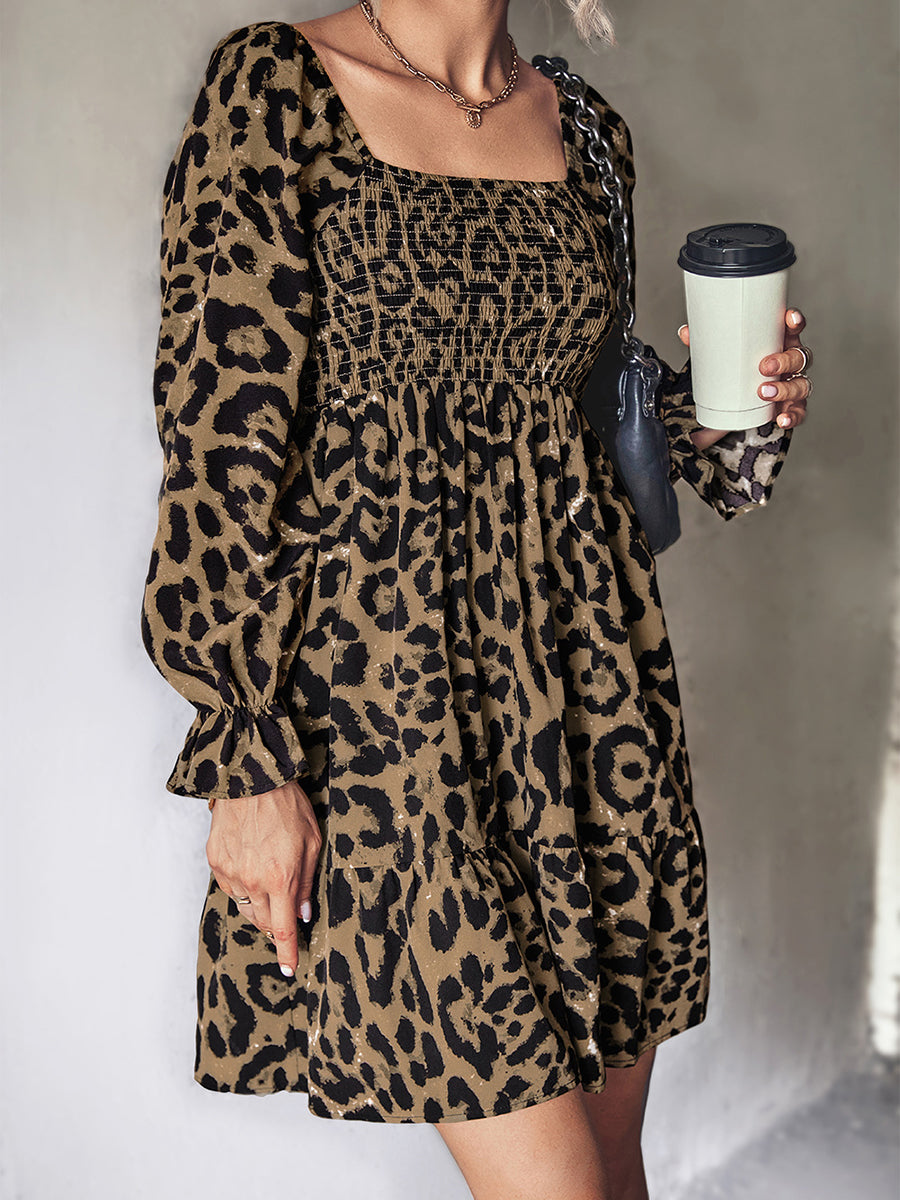 Mini Dresses - Classic Belt Leopard Long Sleeve Mini Dress - MsDressly