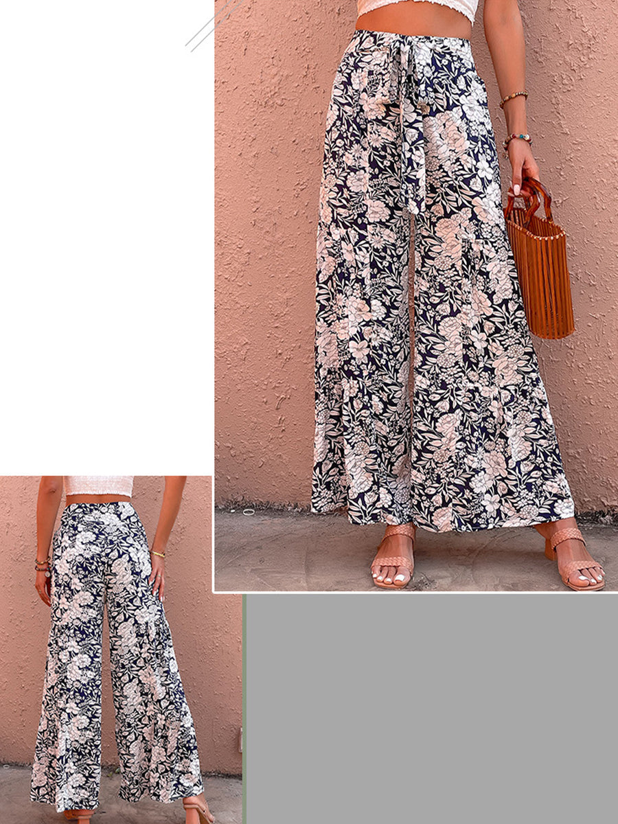 Pants - Lace Up Printed High Waist Loose Pants - MsDressly