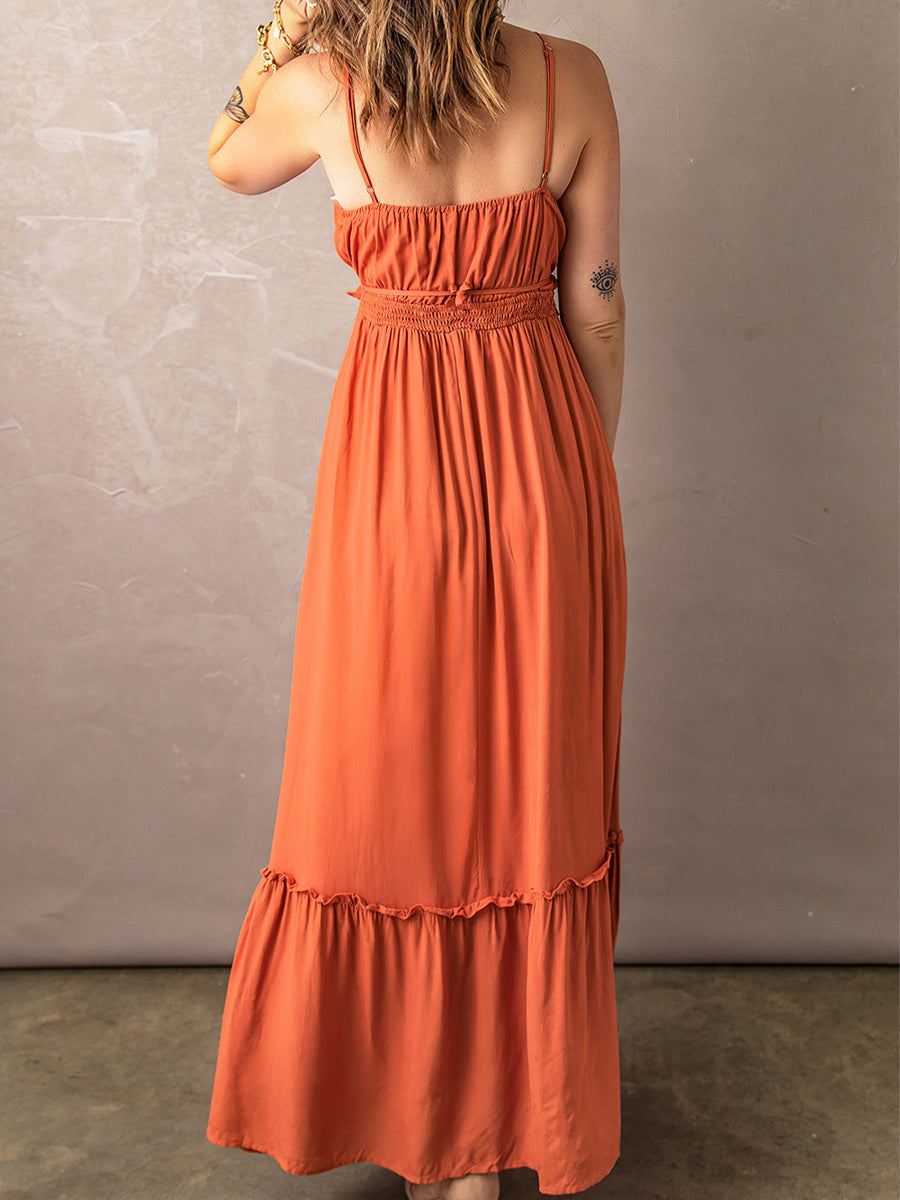 Maxi Dresses - Frill Trim Cutout Spaghetti Strap Maxi Dress - MsDressly