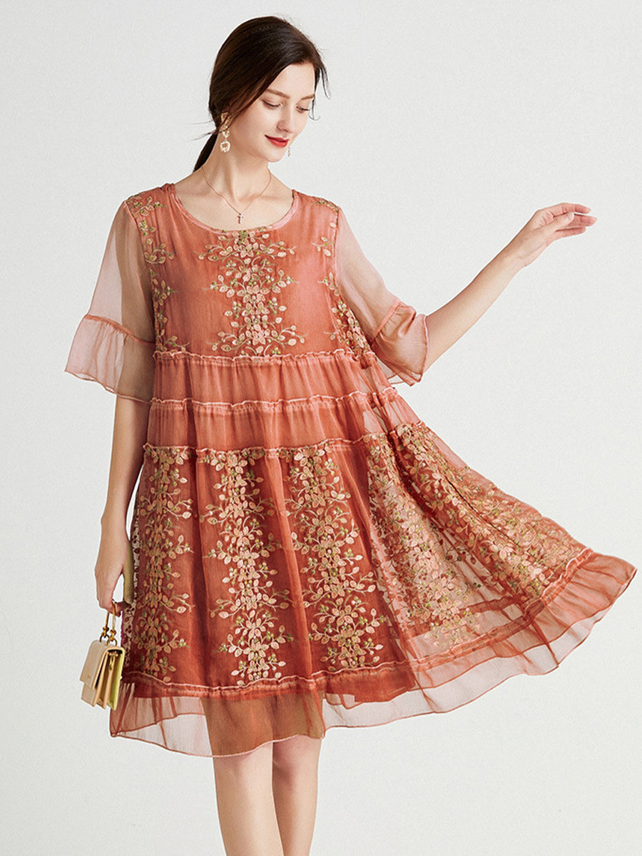 Plus Mini Dresses - Size Curve Dresses Plus Size Loose Round Neck Floral Casual Chiffon Mini Dress - MsDressly