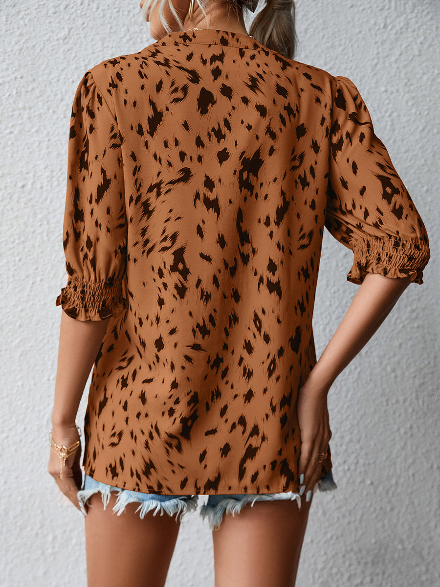 Blouses - Print Loose Ruffle Sleeve Round Neck Blouse - MsDressly