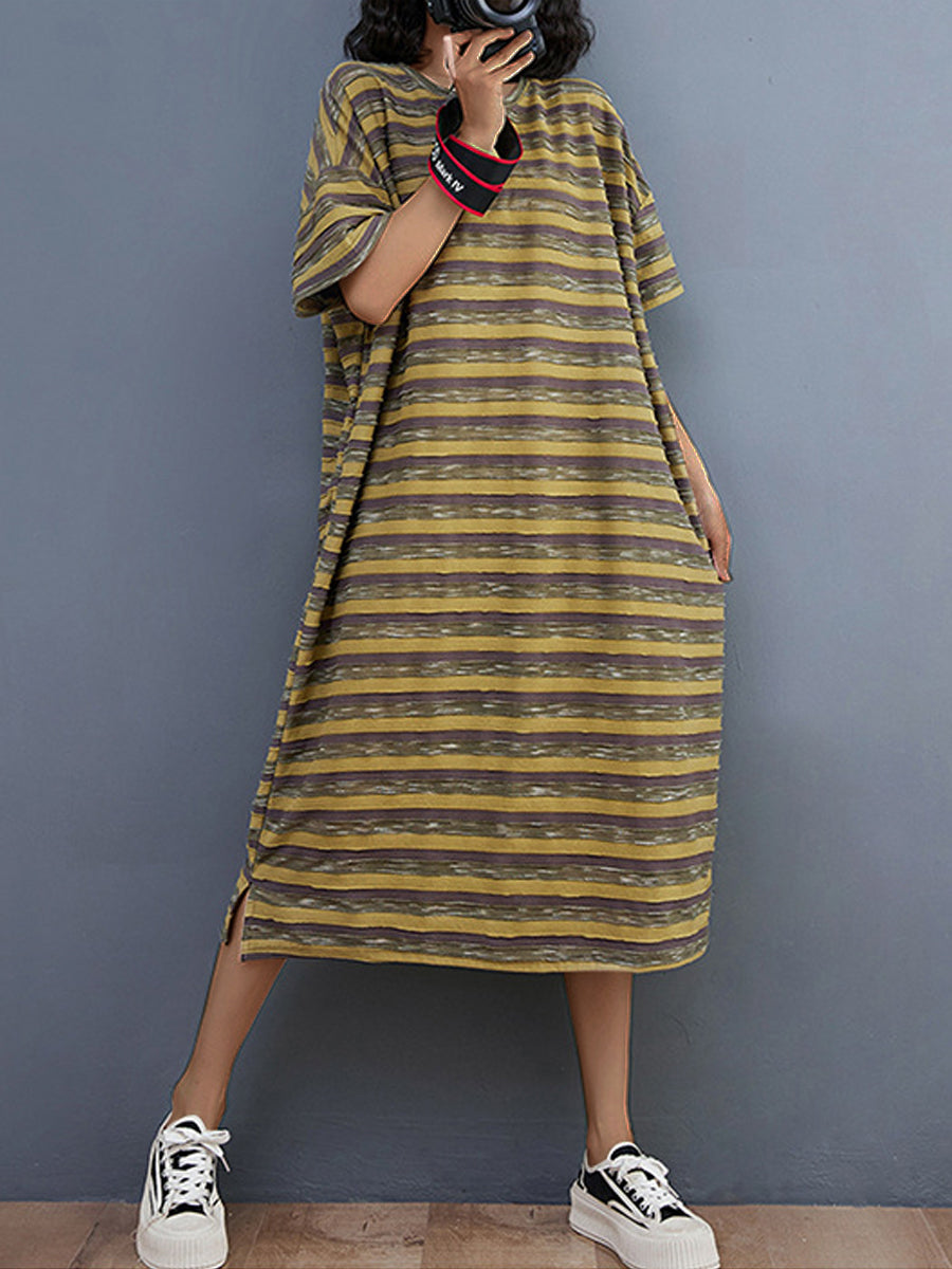Midi Dresses - Literary And Retro Striped Loose Midi Dress - MsDressly