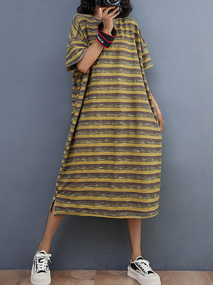 Midi Dresses - Literary And Retro Striped Loose Midi Dress - MsDressly