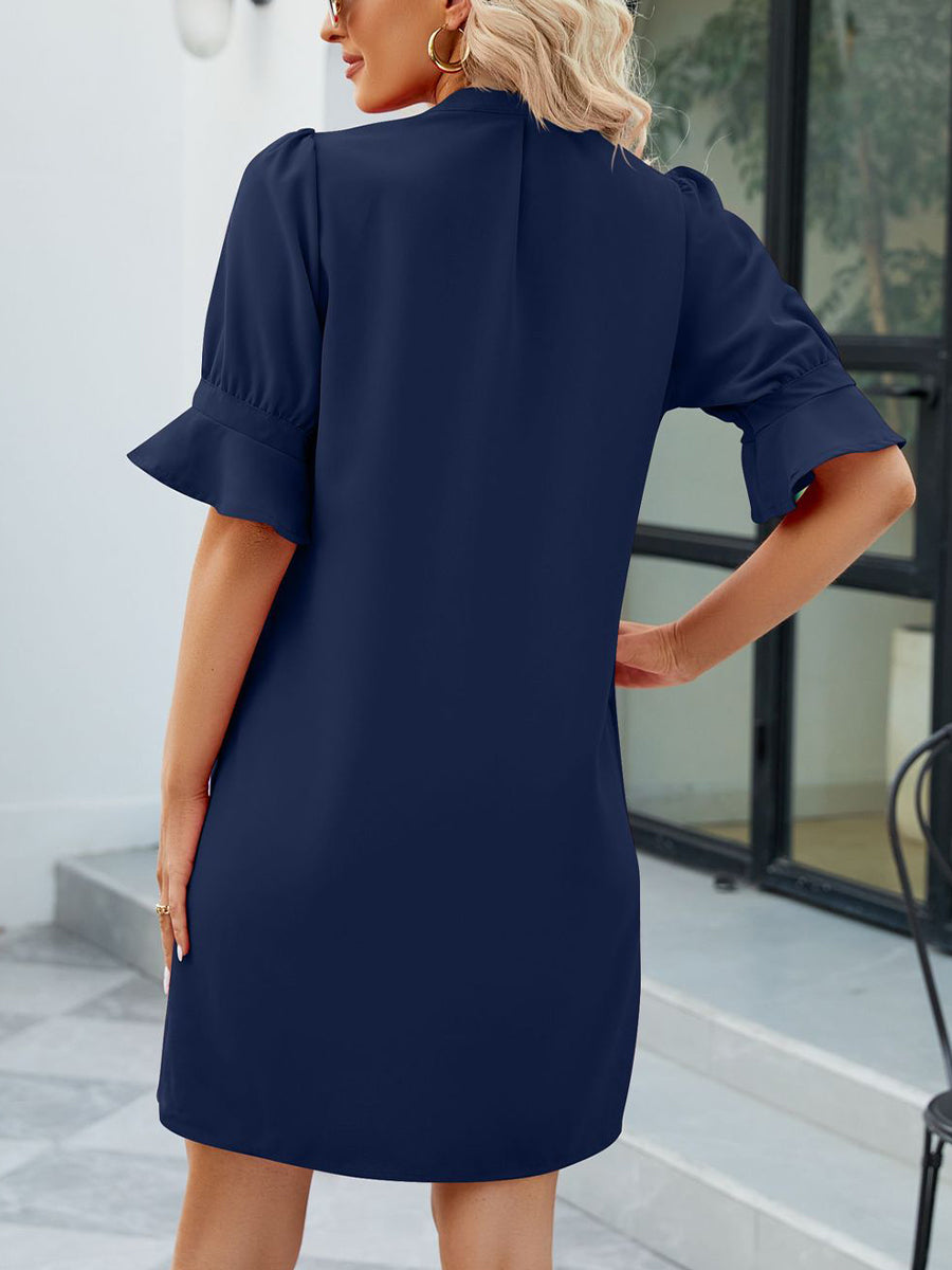 Mini Dresses - Solid Color Loose V Neck Half Sleeve Mini Dress - MsDressly