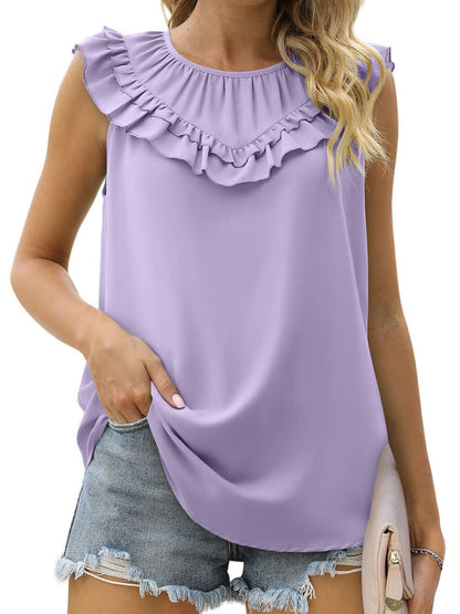 Tops Pleated Chiffon Solid Sleeveless Tank Top