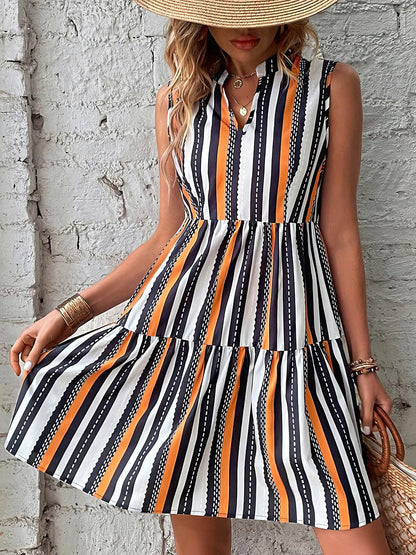 Mini Dresses - Fashion Print Stand Collar Striped Sleeveless Mini Dress - MsDressly