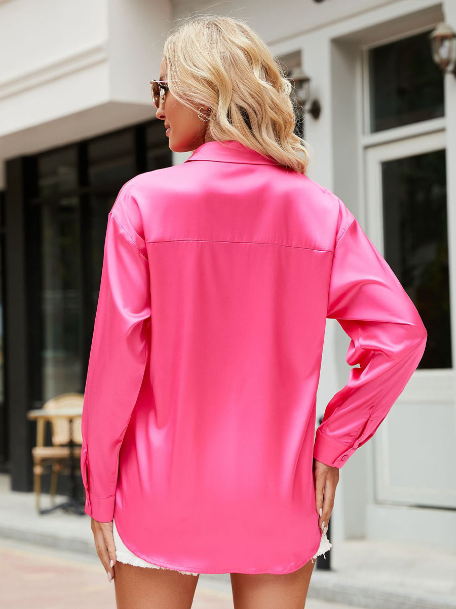 Blouses - Satin Commute Solid Color V Neck Long Sleeved Blouse - MsDressly