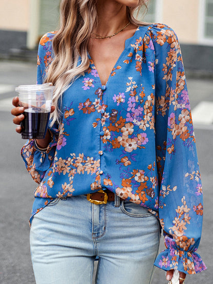 Blouses - Commuting Elegant Printed Button V Neck Long Sleeved Blouse - MsDressly