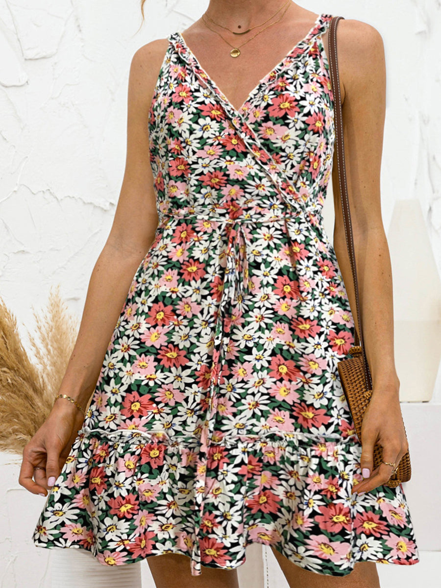 Mini Dresses - Floral Frill Trim Sleeveless Mini Dress - MsDressly