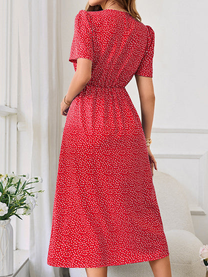 Midi Dresses - Fresh Printed Waist Tie V-Neck Midi Dress - MsDressly