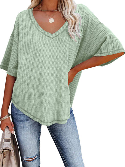 Blouses - Causual Waffle Knit Loose Tunic V Neck Short Sleeve Blouse - MsDressly