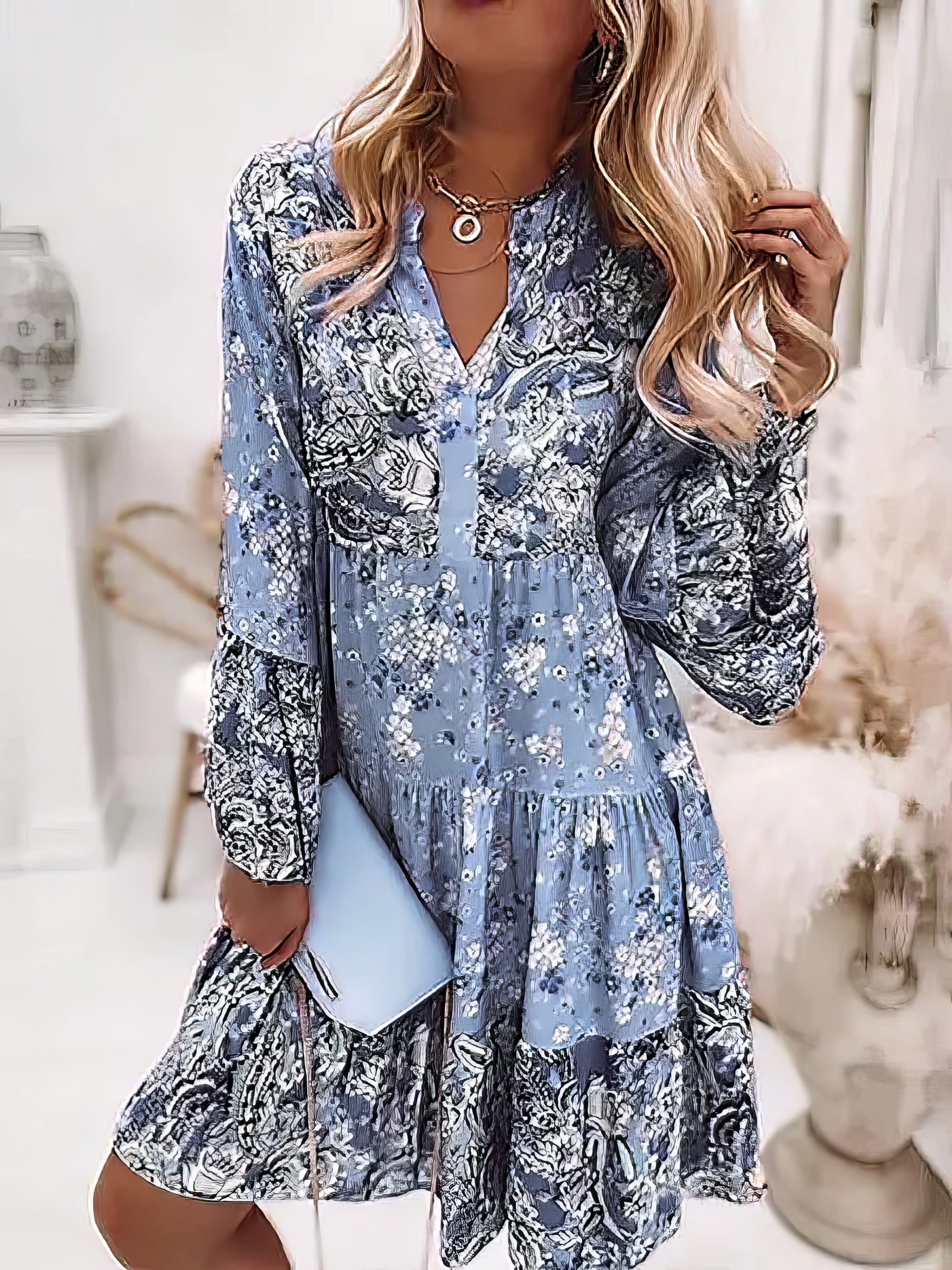 Mini Dresses - Floral Ruffle Smocked Print V Neck Casual Flare Cuff Sleeve Mini Dress - MsDressly
