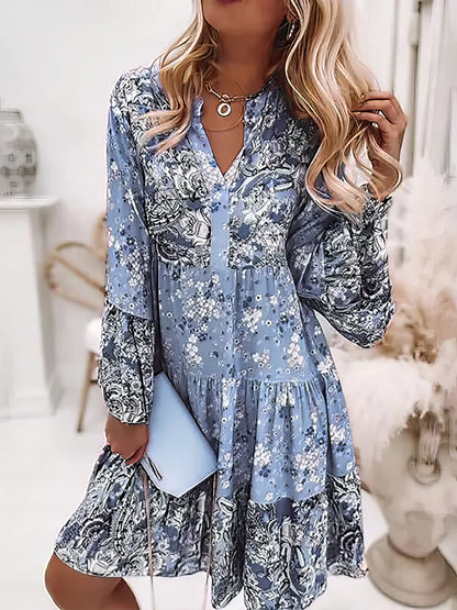 Mini Dresses - Floral Ruffle Smocked Print V Neck Casual Flare Cuff Sleeve Mini Dress - MsDressly