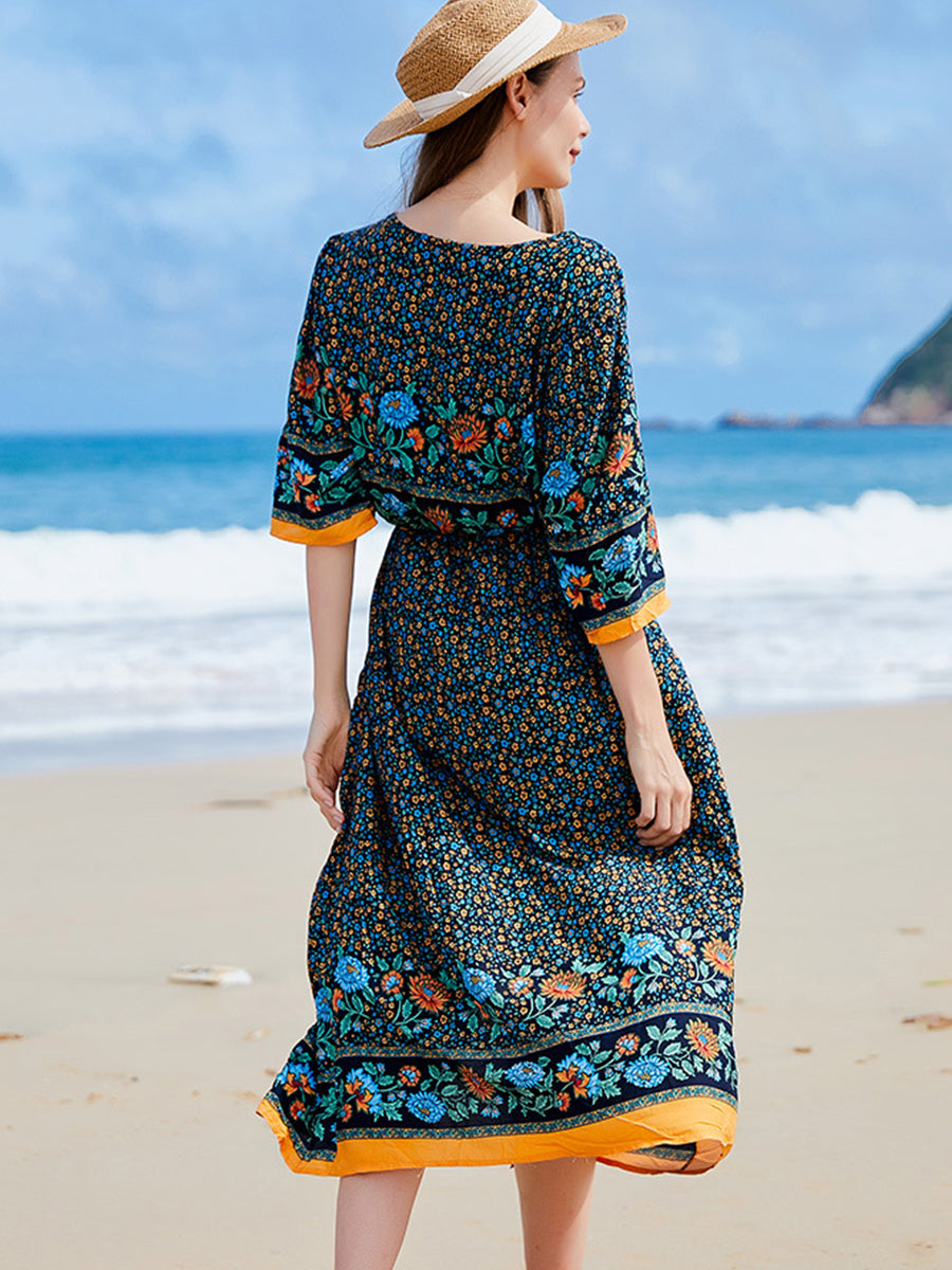 Midi Dresses - V Neck Loose Floral Button Slit Midi Dress - MsDressly