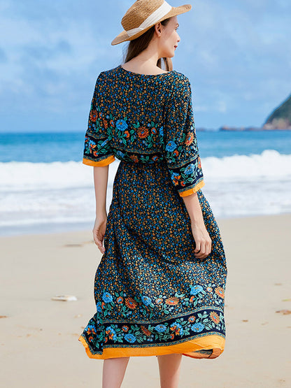 Midi Dresses - V Neck Loose Floral Button Slit Midi Dress - MsDressly