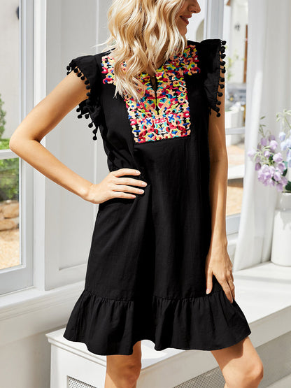 Mini Dresses - Embroidery Flutter Sleeve Mini Dress - MsDressly