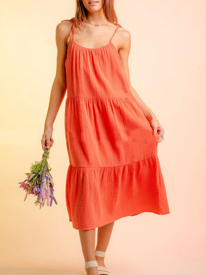 Candy Solid Color Stitching Sling Midi Dress