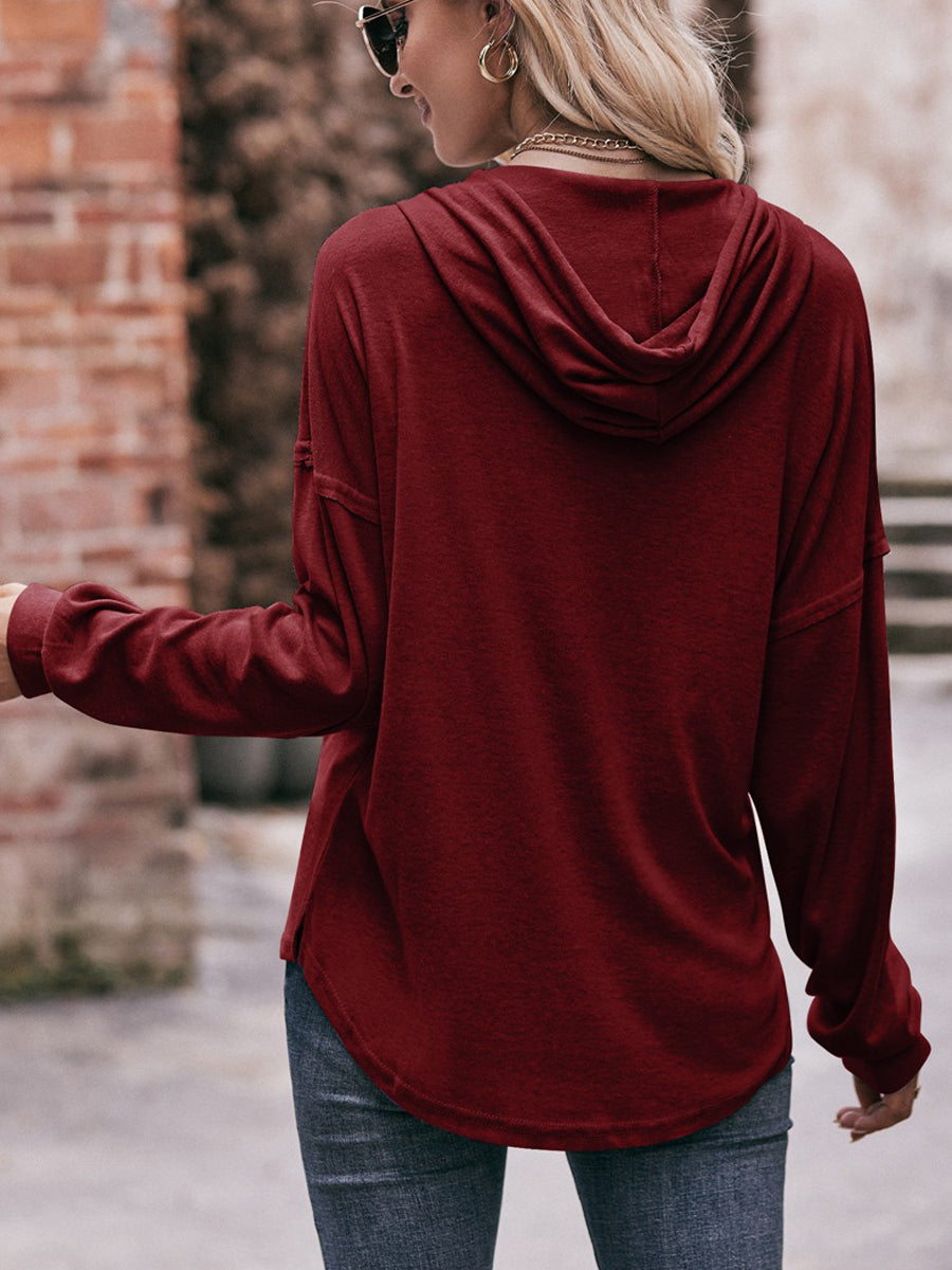 Hoodies - Casual Solid Color Loose Button Hoodie - MsDressly