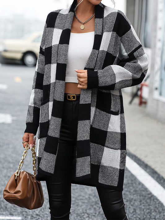 Loose Check Colorblock Knit Fashion Coat