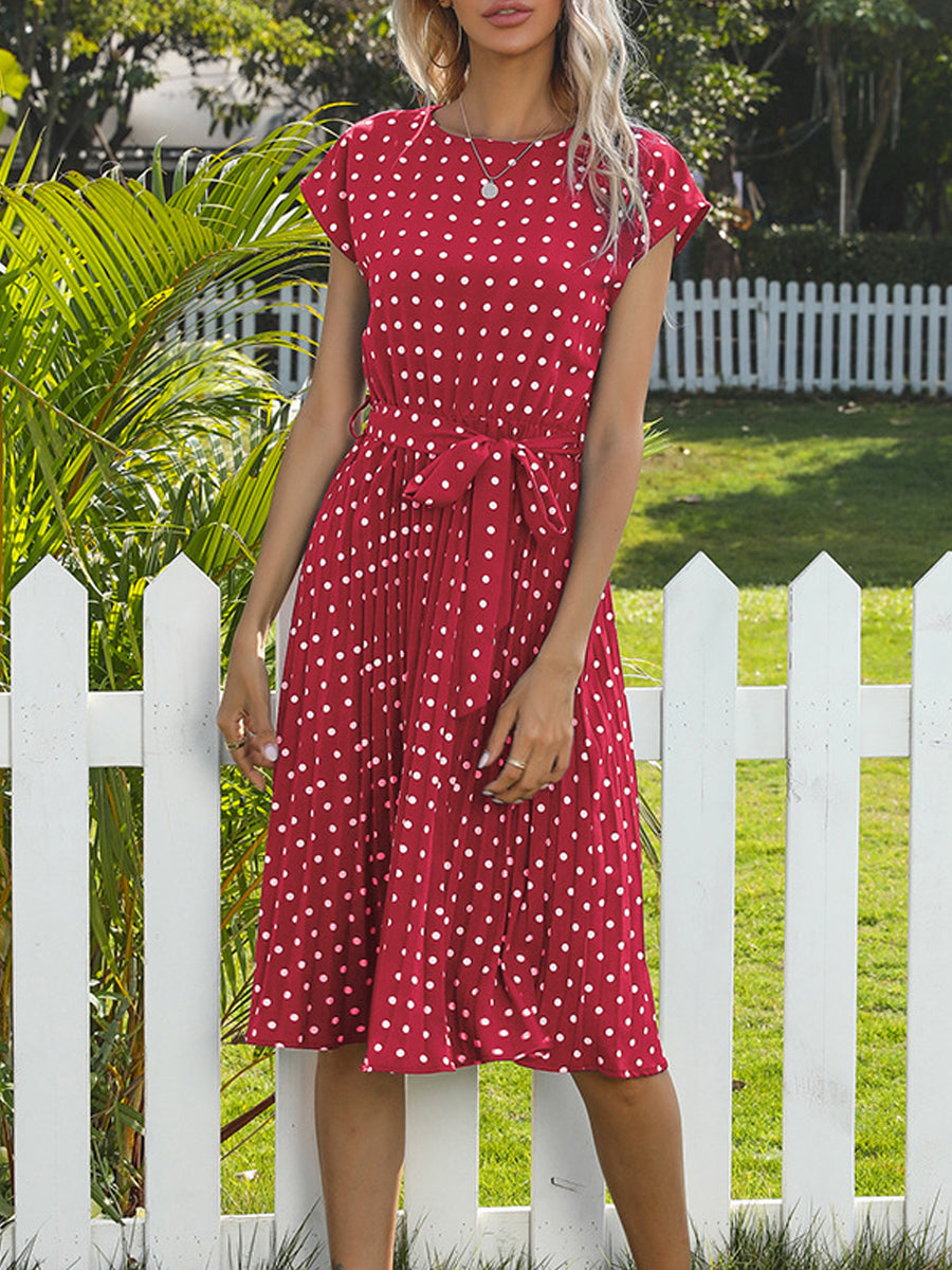 Midi Dresses - Round Neck Tie Polka Dot Pleated Short Sleeve Midi Dress - MsDressly