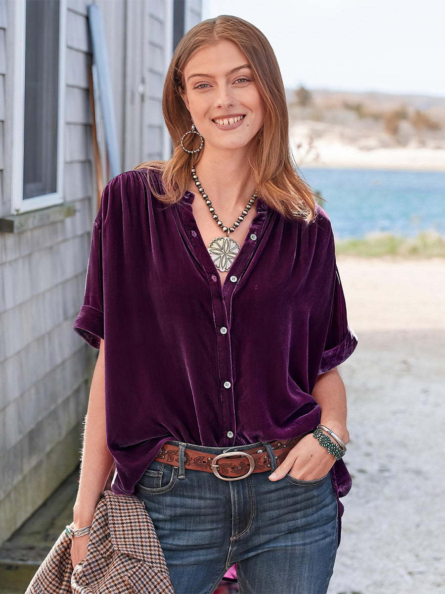 Blouses - Gold Velvet Solid Color Short Sleeve Round Neck Blouse - MsDressly