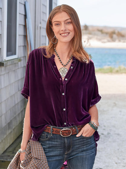 Blouses - Gold Velvet Solid Color Short Sleeve Round Neck Blouse - MsDressly