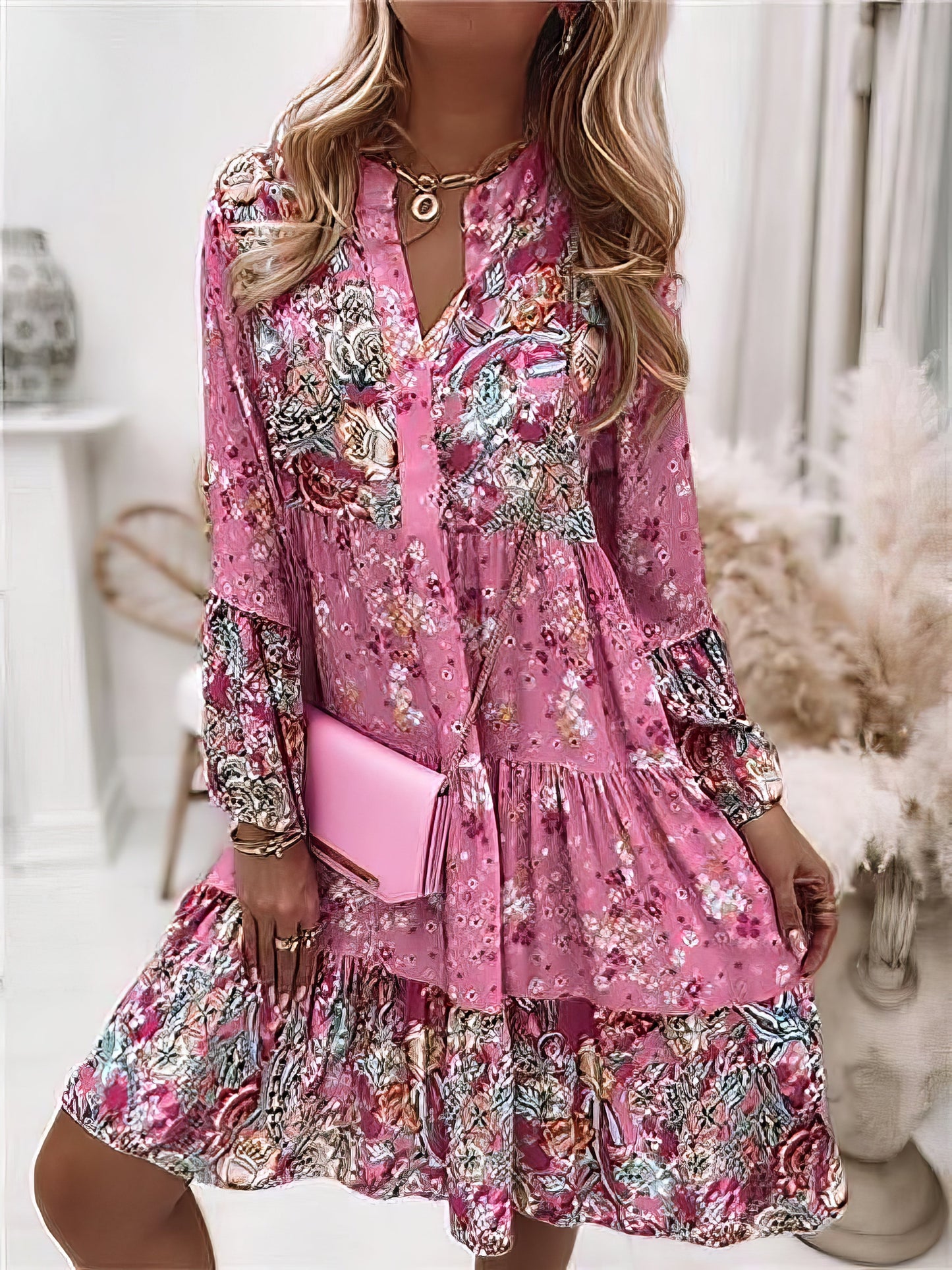 Mini Dresses - Floral Ruffle Smocked Print V Neck Casual Flare Cuff Sleeve Mini Dress - MsDressly