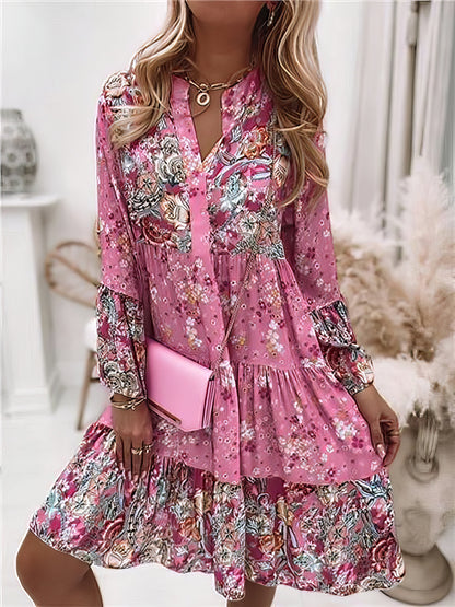 Mini Dresses - Floral Ruffle Smocked Print V Neck Casual Flare Cuff Sleeve Mini Dress - MsDressly