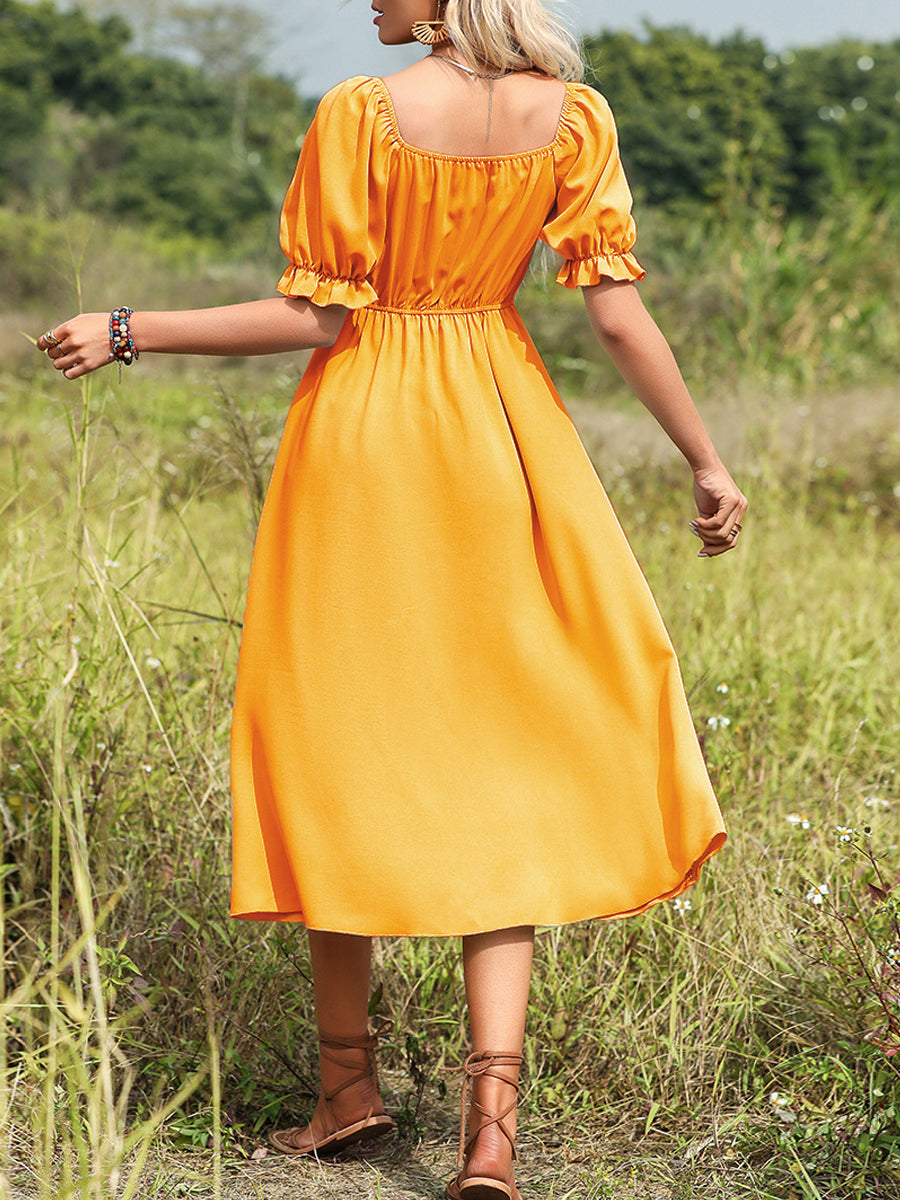 Midi Dresses - Stylish V Neck Elegant Solid Color For Versatile Puff Sleeve Midi Dress - MsDressly